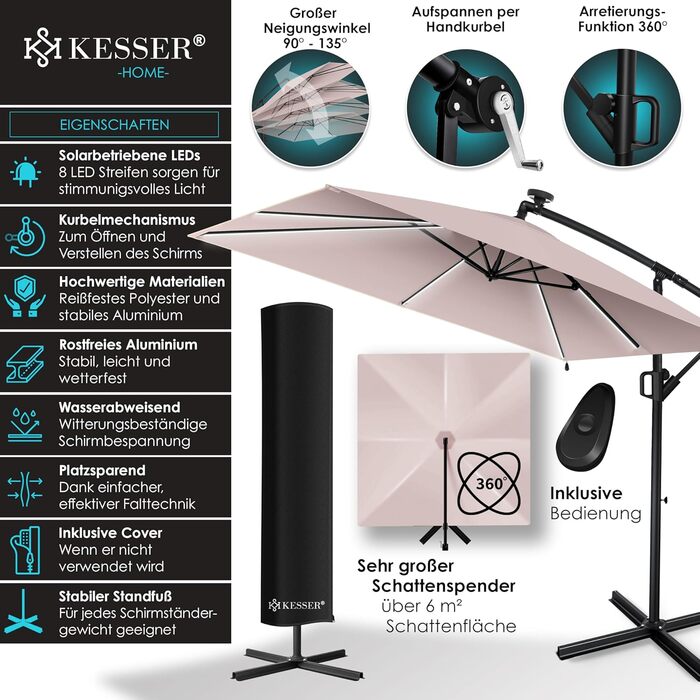 Сонцезахисна парасоля KESSER Holly прямокутна з LED-підсвіткою на сонячних батареях, алюмінієва, водовідштовхувальна, з чохлом і захистом від вітру, з ручкою-крутилкою, UV-захист, 350 см, колір таупе