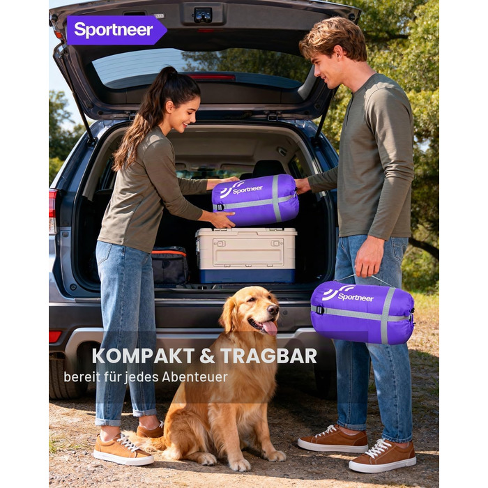 Спальний мішок Sportneer Outdoor у формі ковдри 220×85 см, з отворами для рук, вага 1.5 кг (фіолетовий, температурний режим +10...+26 °C)