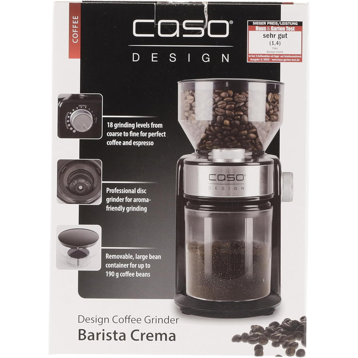 Електрична кавомолка CASO Barista Crema з регулюванням помелу, професійний дисковий механізм, потужність 150 Вт, для зернової кави