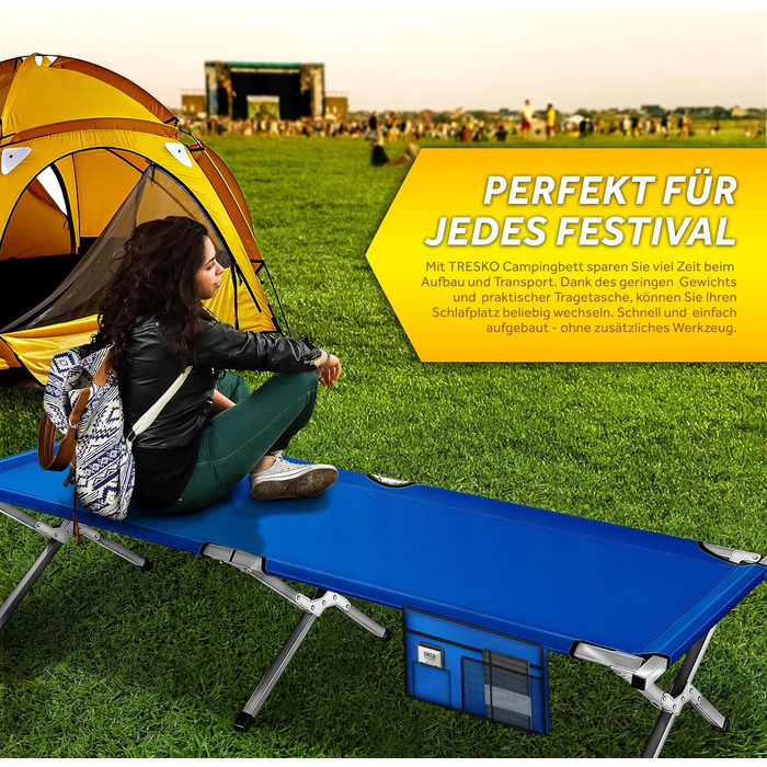 Розкладне кемпінгове ліжко TRESKO XXL 210x90x42 см, метал, синє, навантаження до 150 кг