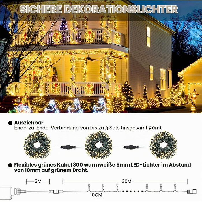 Світлодіодна гірлянда для вулиці та дому 33м, 300 LED, теплий білий колір, 8 режимів роботи, таймер, IP65 водонепроникна, розширювана новорічна ілюмінація для саду та свят