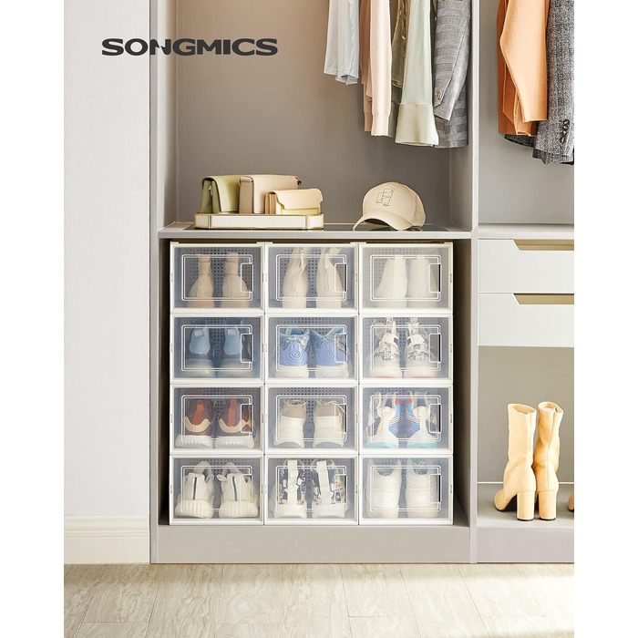 Прозорі та білі пластикові коробки для взуття SONGMICS, 12 шт., складані і штабельовані, органайзер для взуття до 46 розміру, 31×24,5×17,5 см