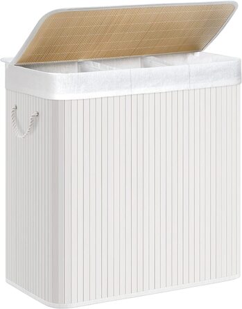 Кошик для білизни SONGMICS 150 л, 3 секції, бамбукова кришка, складний, з ручками, знімний мішок, машинне прання, білий