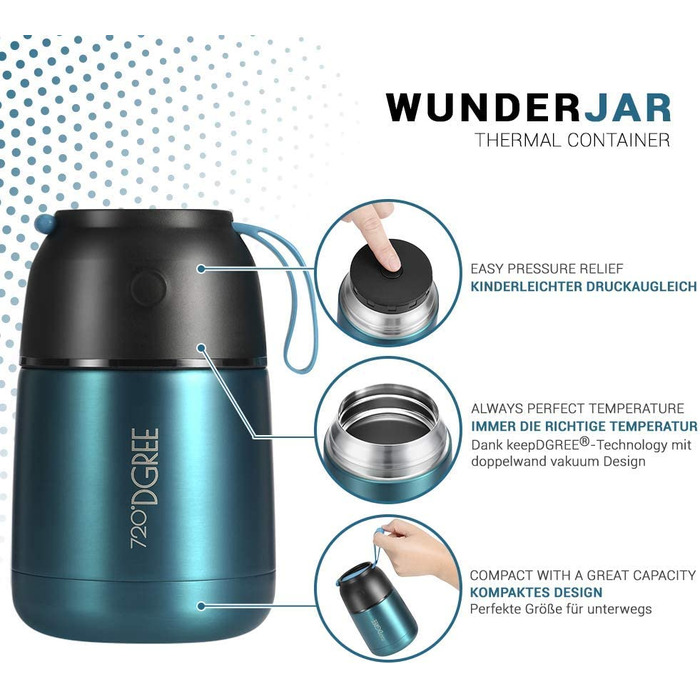 Термос для їжі 720°DGREE wunderJar 450 мл, нержавіюча сталь, герметичний, BPA Free, зелений, для супу, мюслі, дитячого харчування, зберігання теплих і холодних страв, ланчбокс для подорожей