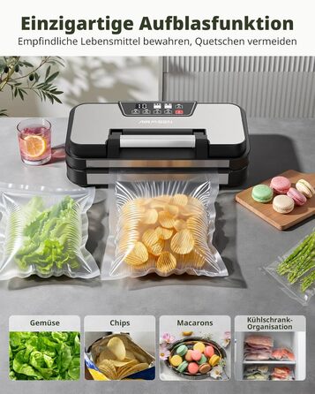 Вакууматор AIRMSEN 95 кПа з функцією підкачки, професійний вакуумулятор для сухих та вологих продуктів, 120 Вт, з відсіком для рулонів, різаком та шлангом, подвійний шва 2x3 мм