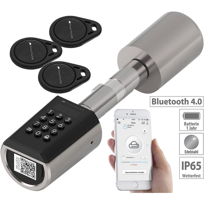 VisorTech електронний дверний циліндр-замок із Bluetooth, додатком та IP65, смарт-ключ, транспондер