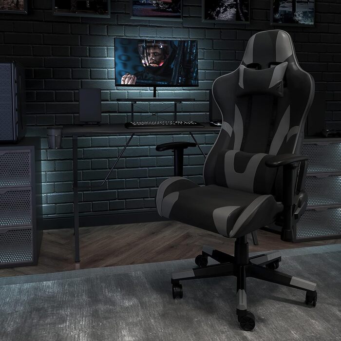Ігрове крісло Flash Furniture X30, ергономічне, з повністю регульованою спинкою та висувною підставкою для ніг, LeatherSoft, сіре, стиль автоспорт, 1 шт.