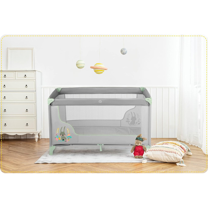 Дитяче ліжечко-манеж Ricokids, складне, з матрацом, 125x65x78 см, 15 кг, дві колеса з гальмами, знімний бічний вхід, сумка, світло-сірий та м'ятний колір