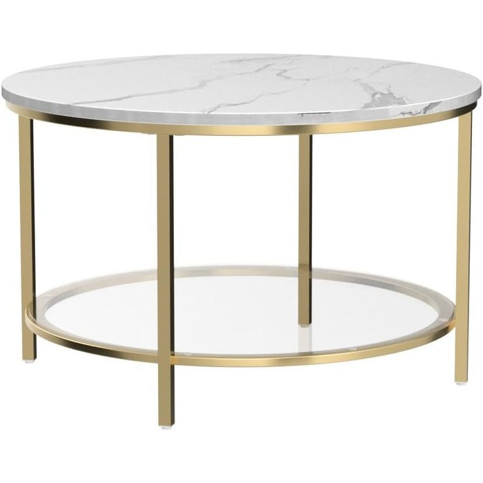 Журнальний стіл YITAHOME, круглий, 2-ярусний, 80x80x46 см, дерев'яний та скляний, з місцем для зберігання, білий і чорний, металевий каркас, для вітальні та спальні