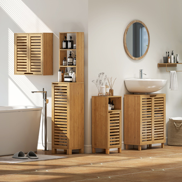 Підвішна шафка для ванної кімнати з бамбука з дихаючими жалюзі-дверцятами, регульована полиця 60 x 20 x 60 см, натуральне дерево