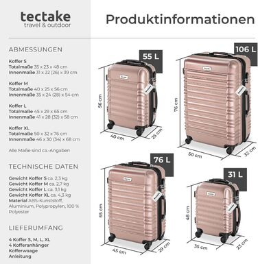 Набір валіз Tectake® 4 шт. з ABS пластику, рожевого кольору (S-M-L-XL)