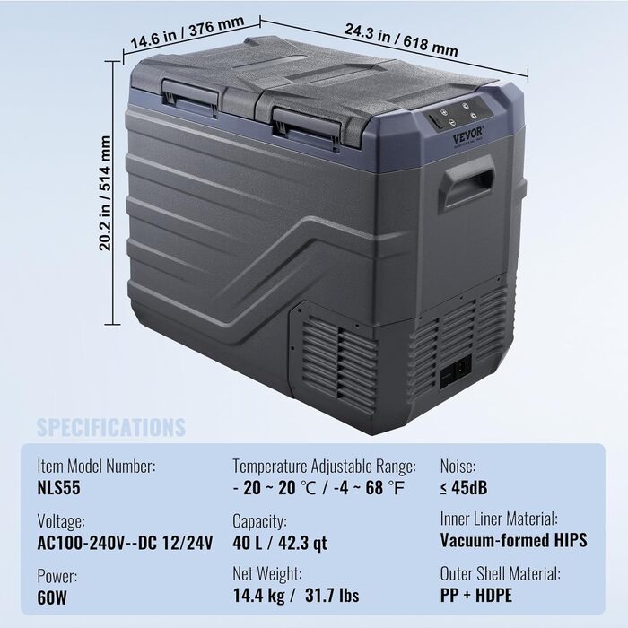 Автохолодильник VEVOR 32л 12/24В та 220В, компресорний, двозонний (-20~20°C) для кемпінгу, подорожей, фургону
