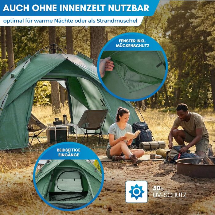 Намет автоматичний NORDMUT Pop Up для 2-4 осіб, водонепроникний кемпінговий намет з UV-захистом та вентиляцією, зелений