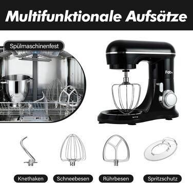 Кухонний комбайн Kitchen in the box Fab-Serie, потужний планетарний міксер 1300 Вт, 10 швидкостей, чаша 6 л, чорний (з гаком, вінчиком та мішалкою)