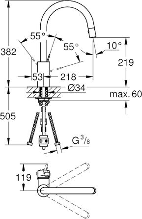 Змішувач кухонний GROHE Eurosmart Cosmopolitan 31180000: високий вилив, висувна лійка, поворот 360°, економія води, хром