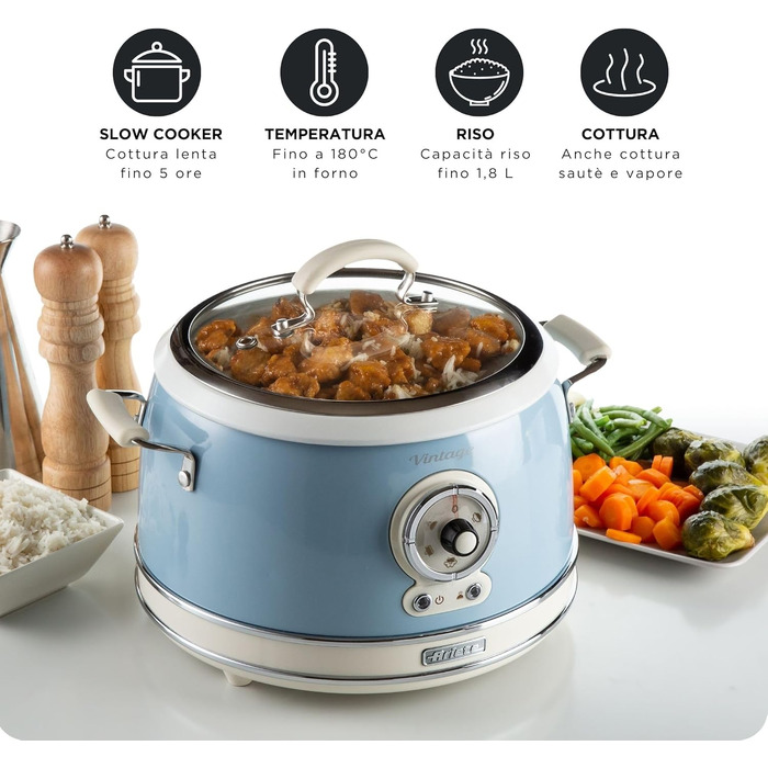 Мультиварка Ariete Vintage 2904 блакитна 3.5л для рису, приготування на пару, повільного приготування з керамічним антипригарним покриттям 650W