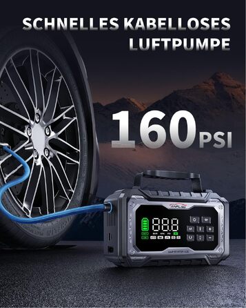 Пусковий пристрій (бустер) для авто 8000A з компресором 160 PSI та Powerbank, чорний
