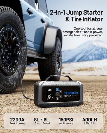 Пусковий пристрій TOPDON V2200 Air Jump Starter з компресором 150 PSI, бустер для авто (бензин до 8Л, дизель до 6Л), струм 2200А, LED-ліхтарем