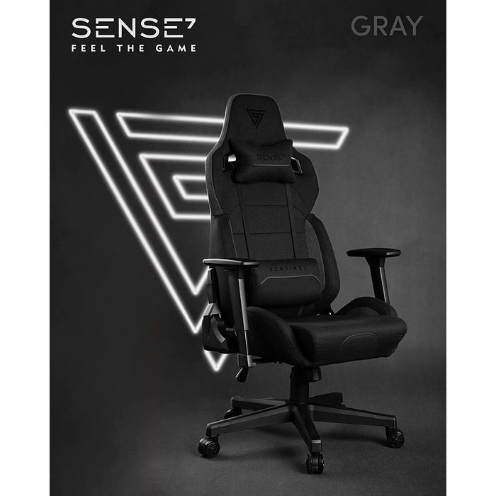 Ігрове крісло SENSE7 Sentinel, ергономічне, регульоване лордозне підбиття, нахил, гойдалка, тканина, до 150 кг, чорне-сіре