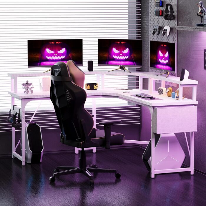 Ігровий стіл Devoko L-подібний 153x153 см з LED підсвічуванням, 2 розетками та 2 USB портами, кутовий комп'ютерний стіл з полицею для монітора, вугілляно-чорний