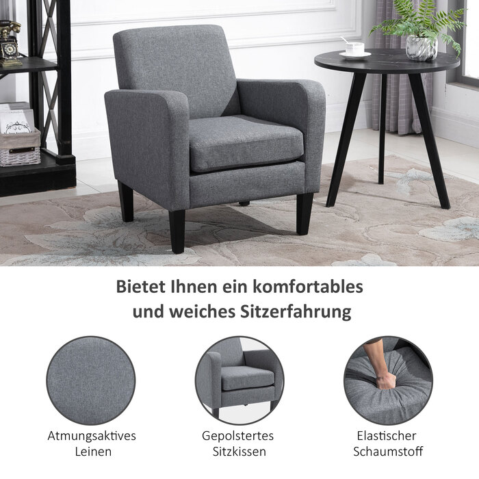 Крісло одномісне HOMCOM Recliner з м'якою оббивкою, дерев'яні ніжки, лляна тканина, світло-сірий, 66x72x74см