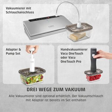 Вакууматор CASO Vacu OneTouch Eco-Set: бездротовий ручний вакууматор, 3 скляних контейнери, 10 ZIP-пакетів та стікери Food Manager, акумуляторний, чорний