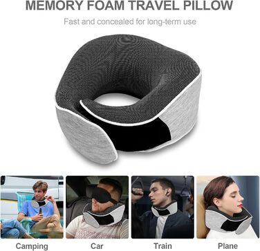 Ергономічна подушка для шиї Collazoey з ефектом пам'яті (Memory Foam) для подорожей, набір з маскою для сну, берушами та сумкою для зберігання, світло-сіра