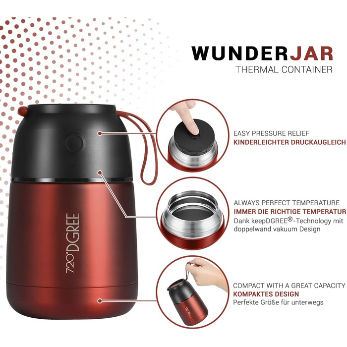 Термос для їжі 720°DGREE wunderJar 530 мл з рецептурником, герметичний, BPA Free, з нержавіючої сталі, ізотермічна ланч-бокс для гарячих і холодних страв, супу, каші, мюслі на ходу