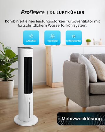 Pro Breeze OmniAir: Вежа-вентилятор з водяним охолодженням та пультом, 5л - мобільний кондиціонер без шланга