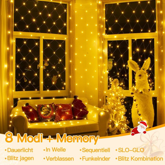 Світлодіодна сітка Ollny 3x2м, 200 LED, тепле біле світло, для вулиці та кімнати, з пультом, таймером, водонепроникна IP67, 8 режимів, для кущів, саду, балкона