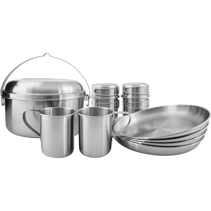 Набір посуду Tatonka Picnic Set IV з нержавіючої сталі для кемпінгу, 12 предметів: каструля, сковорода, тарілки та чашки, екологічний, для пікніка на 4 особи, сріблястий