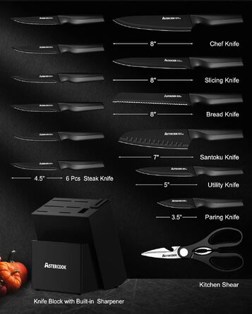 Набір кухонних ножів Astercook з підставкою та вбудованим точилом, 15 предметів, нержавіюча сталь, чорний