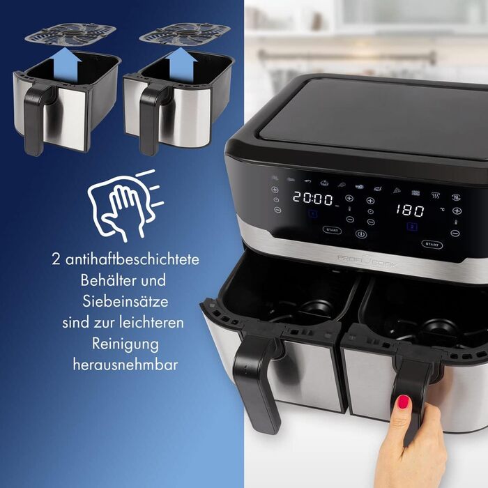 ProfiCook Подвійна аерофритюрниця 9 л XXL, 2400 Вт, 9 програм, сенсорне управління, подвійна камера, без олії