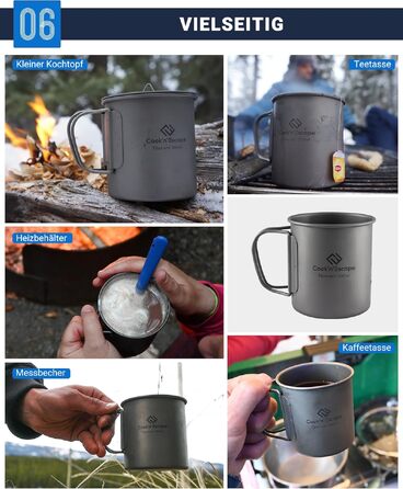 Титанова чашка для кемпінгу COOK'N'ESCAPE Titan Becher 300 мл з кришкою та складною ручкою - легка, міцна, жаростійка для туризму, пікніка