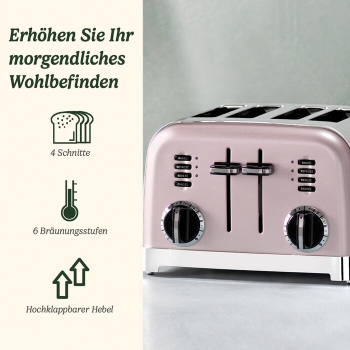 Тостер Cuisinart на 4 скибки, широкі слоти, для товстого хліба та бейгелів, 6 режимів підсмажування, функція розморожування, підйомний важіль, рожевий колір