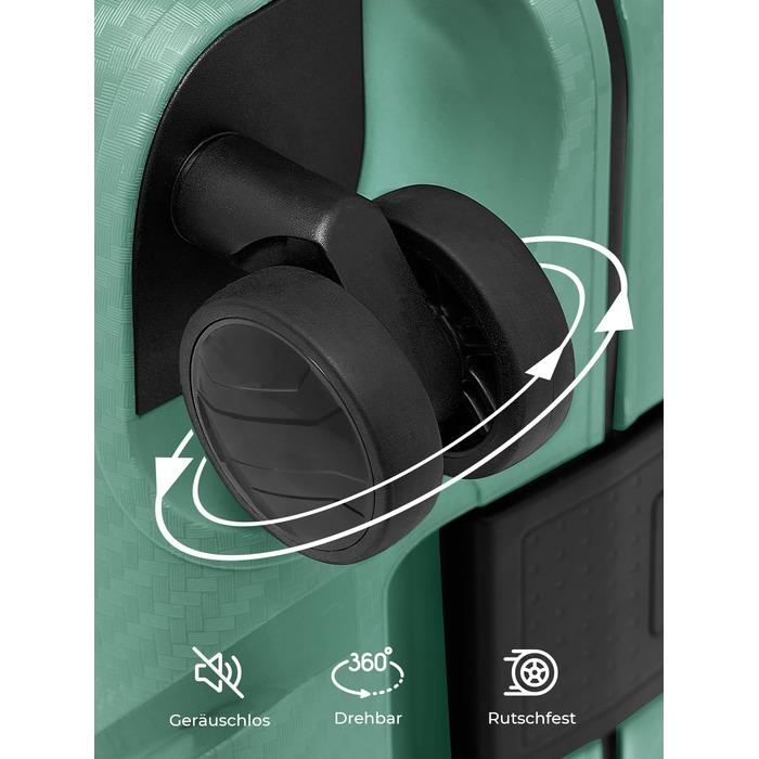 Набір валіз REDOLZ Essentials 15 (S, M, L) з поліпропілену, Sea Green: 3-точкова система замикання без блискавки, TSA-замок, 4 подвійні колеса