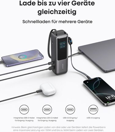 Powerbank Anker 25000mAh з 3 портами USB-C 100W, вбудований кабель, для iPhone, MacBook, Samsung