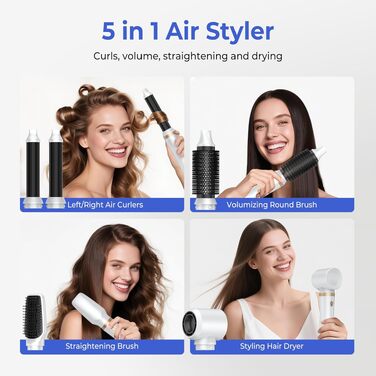 UMIGA Airstyler 5-в-1: Фен-щітка, випрямляч, плойка, об'ємна щітка для волосся 1000W, 3 режими нагріву, рожево-білий