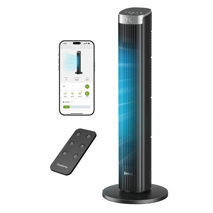 Вентилятор Tower Leiser 91 см: Охолоджуючий вентилятор з низьким рівнем шуму (25 дБ), 90° осциляція, 4 режими, таймер 12 год, чорний