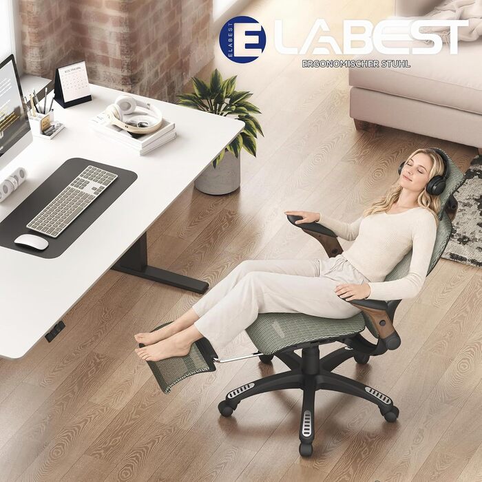 Ергономічне офісне крісло ELABEST X100 з високою спинкою, підголівником та підставкою для ніг, сітчаста оббивка (Olive-walnuss, нейлон)