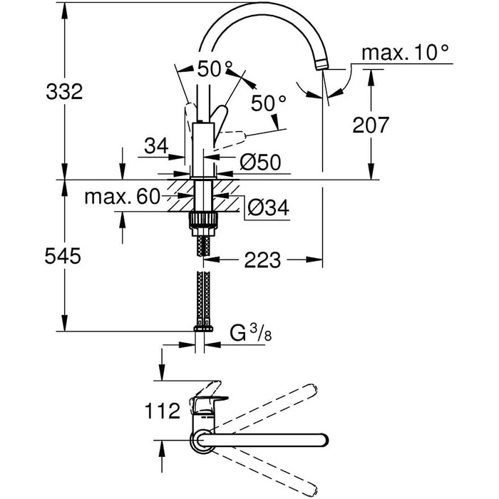 Змішувач кухонний GROHE StartCurve 31554001: поворотний на 360°, економія води, легкий монтаж, хромований