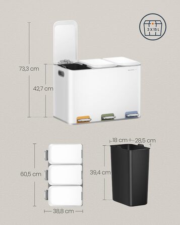 Сортувальний смітник для кухні SONGMICS HOME, 3×15 л, сталевий, з кришками, внутрішніми відрами та педалями, для роздільного збору сміття, білий