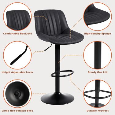 Барний стілець Youhauchair, обертовий, з підлокітником, регульована висота, PU-шкіра, сучасний кухонний стілець, чорний
