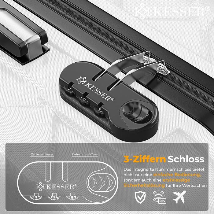 Валіза для подорожей KESSER 120Л, пластиковий корпус ABS, колір Snow White, 75 см, з кодовим замком, вагами та дорожнім гаманцем, 360° колеса, телескопічна ручка