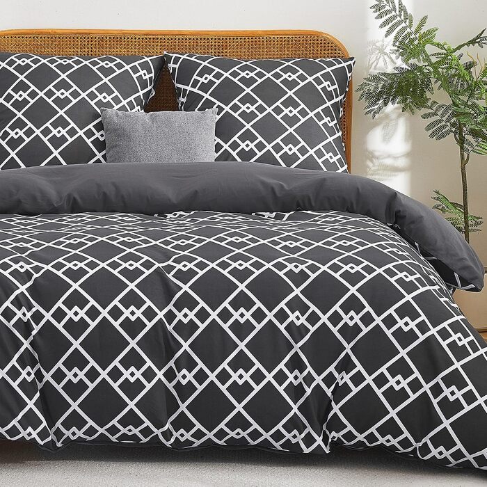 Комплект постільної білизни Softan з мікрофібри, 3-дільний, 220x240 см, бежево-білий з геометричним візерунком (антрацит), подушка 80x80 см