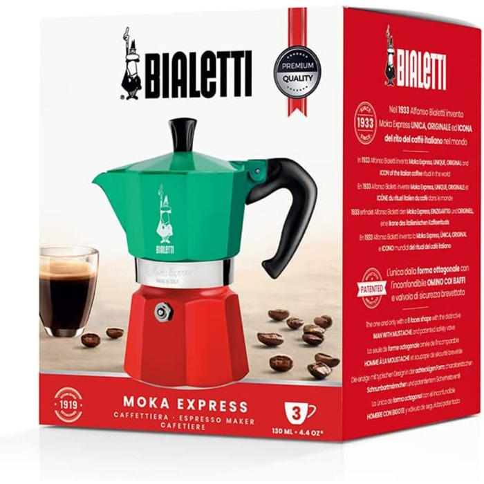 Кавоварка Bialetti Moka Express Italia, 3 чашки, алюмінієва, червоно-зелено-срібляста, класична еспресо-турка для плити