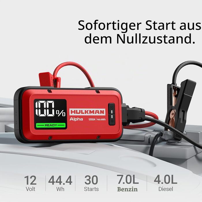 Бустерний пускач HULKMAN Alpha Ultra Red 1000A 37Wh для автомобіля 12V, портативний jump starter для бензинових (до 6.5L) та дизельних (до 3.0L) двигунів, IP65, LED-дисплей