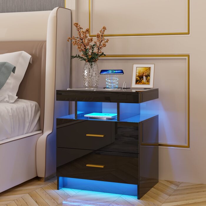 Нічний столик Lvifur з LED-підсвічуванням, сенсором руху та USB/Type-C зарядкою, 2 шухляди, бездротова зарядка, 3 кольори, регулювання яскравості, чорний колір