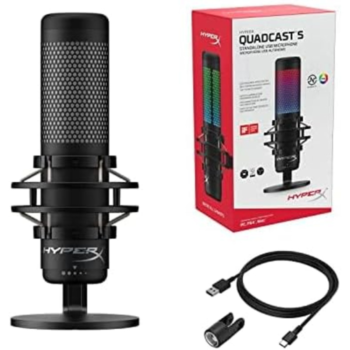 HyperX QuadCast S – RGB USB конденсаторний мікрофон для ПК, PS4, Mac, із захистом від вібрацій та ударів, поп-фільтром, для ігор, стрімінгу, подкастів, Twitch, YouTube, Discord