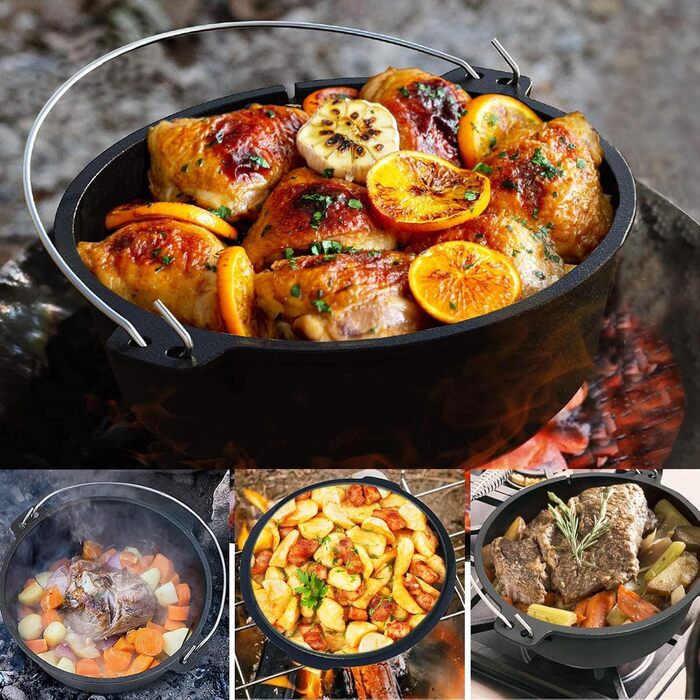 Чавунний казан (Dutch Oven) з кришкою-сковорідкою, набір 9 л, передзагартований казанок з ручкою-знімачем для outdoor та indoor, чорний